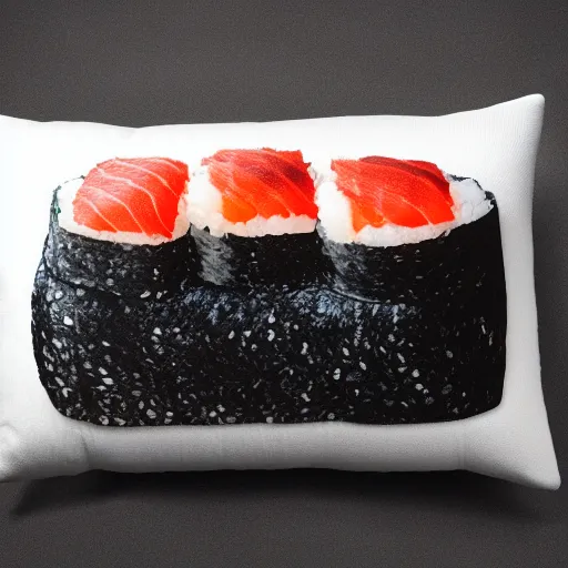 Image similar to a sushi pillow, product photography, highly detailed, epic lighting, hyper photorealism, 8 k