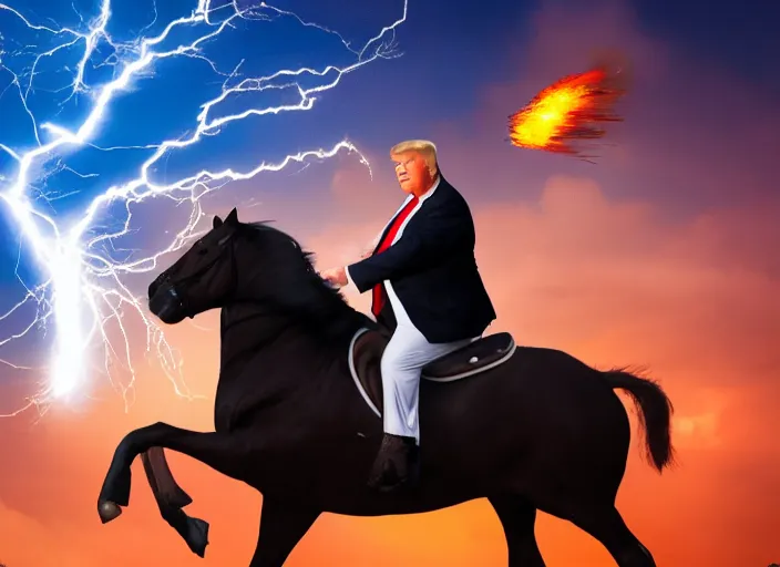 Prompt: obese donald trump riding a horse in the sky, lightning in background, shooting fireballs