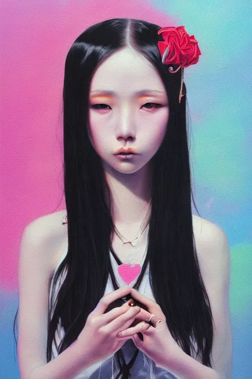 Prompt: pop surrealism, lowbrowart, realistic cute girl painting, hyper realism, japanese street fashion, muted colors