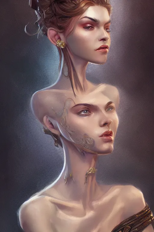 Image similar to three-quarters portrait pose of a beautiful woman, slim body, shining armor, human warrior, fantasy, intricate, elegant, highly detailed, digital painting, artstation, concept art, matte, sharp focus,D&D, illustration, art by Stanley Lau