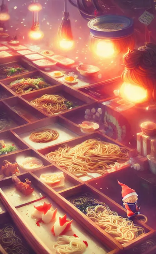 Prompt: kawaii anime gnomes asian noodles japanese ramen, wide angle shot by greg rutkowski