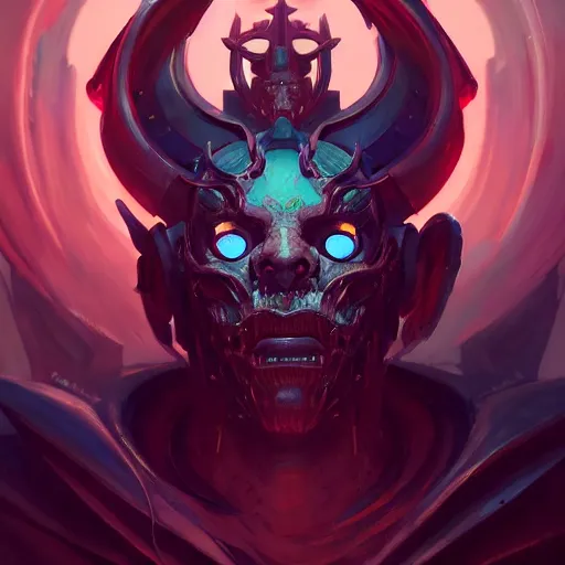 Image similar to a portrait of a cybernetic demonic king of hell, cyberpunk concept art by pete mohrbacher and guweiz and wlop and artgerm and josan gonzalez and syd mead, digital art, highly detailed, intricate, sci - fi, sharp focus, trending on artstation hq, deviantart, unreal engine 5, 4 k uhd image