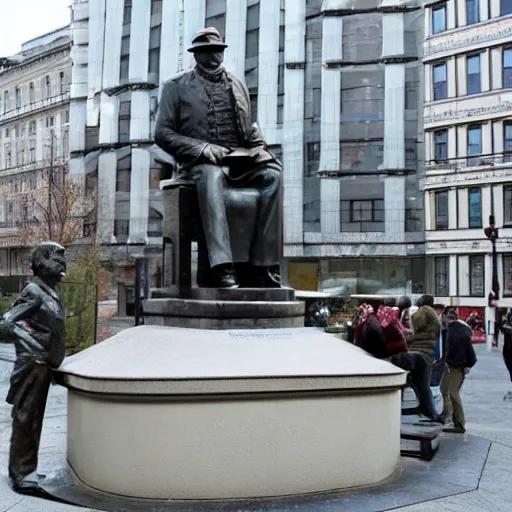 Prompt: a statue of otto von bismarck in the middle of a city square in america.