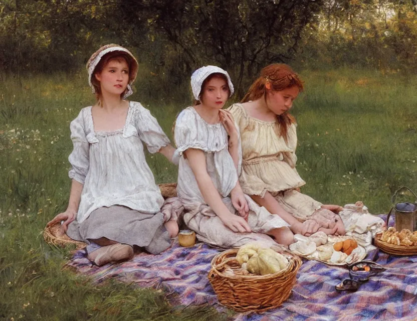 Prompt: 2 peasant girl on a picnic, cottage core, cinematic focus, polaroid photo bleached vintage pastel colors high - key lighting, soft light, foggy, by steve hanks, by lisa yuskavage, by serov valentin, by tarkovsky, 8 k render, detailed, oil on canvas