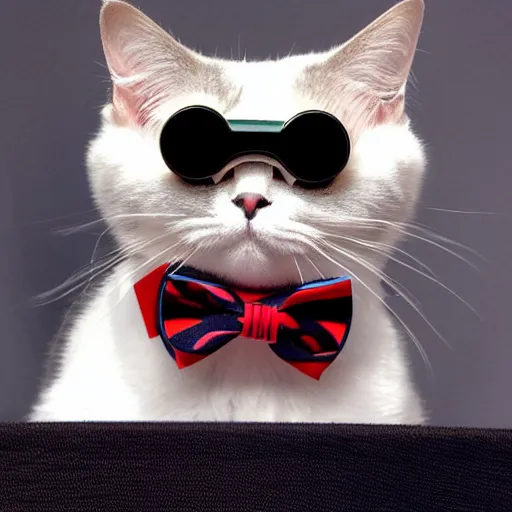 Image similar to sapphire cat wearing black goggles and red bow tie