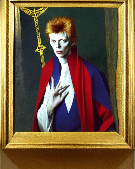 Prompt: a photo of david bowie as a saint by jean auguste dominique ingres, neoclassical, gold leaf