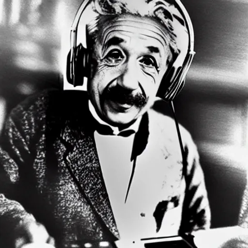 Image similar to photo of albert einstein as a dj behind the dj decks in the club with headphones on and in a cool pose