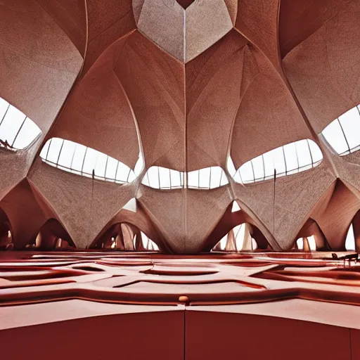 Image similar to architecrural photography, interior of a futuristic lotus temple with gold, red and white marble panels, in the desert, by buckminster fuller and syd mead, intricate contemporary architecture, photo journalism, photography, cinematic, national geographic photoshoot