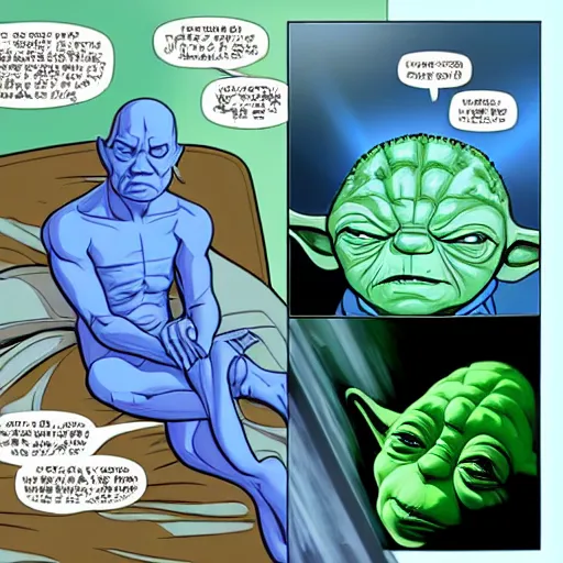 Prompt: photo of dr manhattan sleeping in bed next to yoda