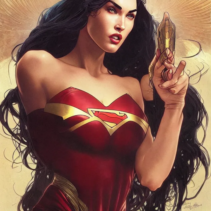 Image similar to megan fox as female superman shooting eye beams by artgerm, greg rutkowski, alphonse mucha