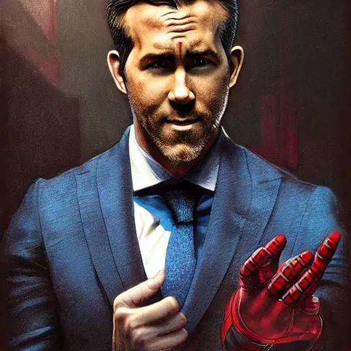 Image similar to ryan reynolds as spider - man, wearing a black and blue suit, cinematic, volumetric lighting, f 8 aperture, cinematic eastman 5 3 8 4 film, photorealistic by greg rutkowski, by stanley artgerm, by alphonse mucha