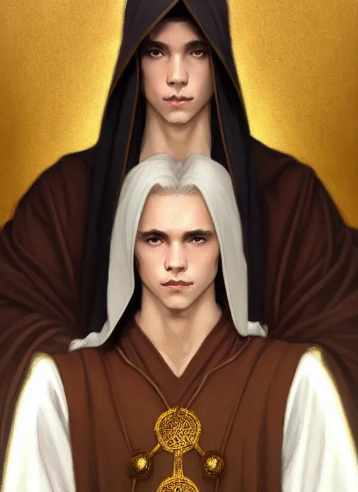 Prompt: symmetry!! d & d portrait of a young hin male cleric, white robe with gold accents, light brown hair pony tail, wry smirk, brown, gold and white cloak, necklace, elegant, highly detailed, digital painting, artstation, concept art, smooth, sharp focus, illustration, art by artgerm and greg rutkowski and alphonse mucha