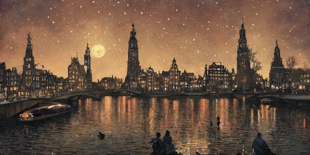 Prompt: a view from the amstel river in amsterdam at night with the sky full of stars, intricate, elegant, highly detailed, digital painting, artstation, concept art, smooth, sharp focus, colored illustration for tattoo, art by krenz cushart and artem demura and alphonse mucha