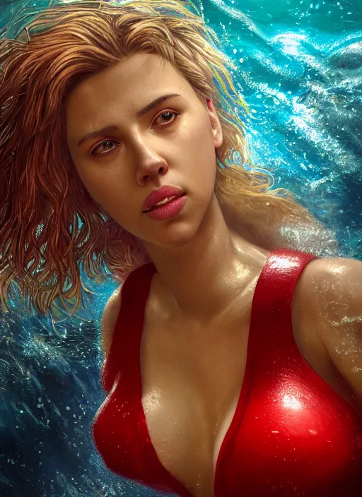 Image similar to underwater portrait of scarlett johansson as a baywatch life saver, au naturel, hyper detailed, digital art, trending in artstation, cinematic lighting, studio quality, smooth render, unreal engine 5 rendered, octane rendered, art style by klimt and nixeu and ian sprigger and wlop and krenz cushart.