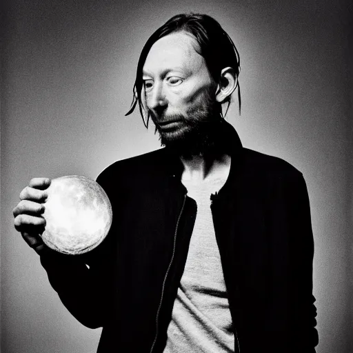 Image similar to Radiohead singer Thom Yorke, holding the moon upon a stick, with a beard and a black jacket, a portrait by John E. Berninger, dribble, neo-expressionism, uhd image, studio portrait, 1990s