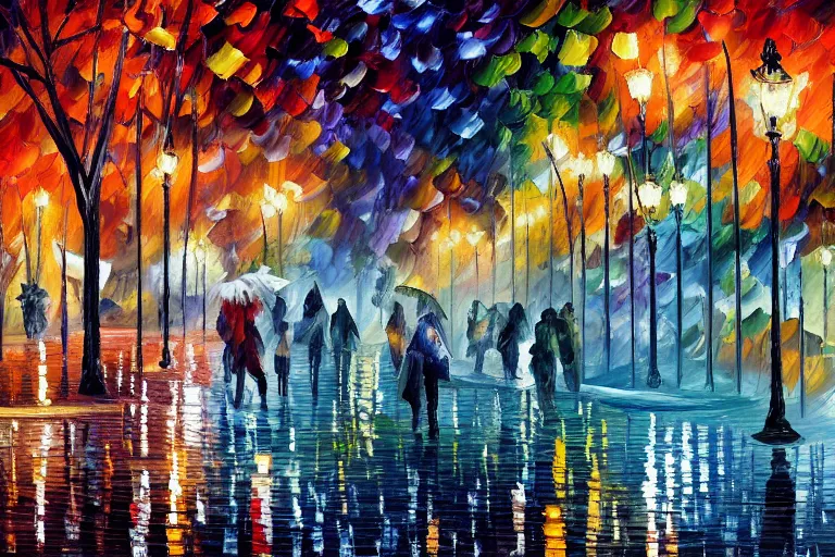 Image similar to a painting of a park at night by leonid afremov and william degouve de nuncques, rain puddles, a glitched dystopian city in the background, in foreground two plague doctors, subdued colors