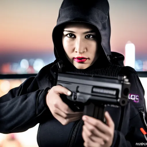 Image similar to photographic portrait of a techwear woman holding a Glock 18, closeup, on the rooftop of a futuristic city at night, sigma 85mm f/1.4, 4k, depth of field, high resolution, full color, two coherent arms