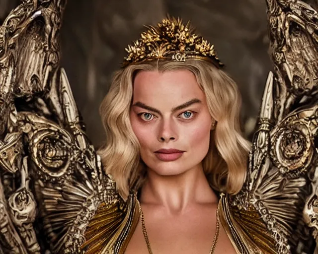 Image similar to Margot robbie as a goddess in heaven, Photography, Cinematic, Portrait, insanely detailed and intricate, hypermaximalist, elegant, ornate, hyper realistic, super detailed