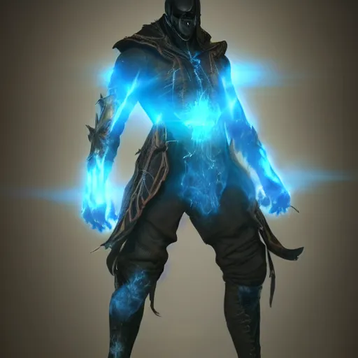 Image similar to character design, dark arcanist, blue lightning, blue mist, fog, scary, photorealistic, unreal engine