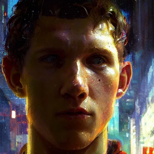 Prompt: tom holland, hyperrealistic portrait, bladerunner street, art of elysium by jeremy mann and alphonse mucha, fantasy art, photo realistic, dynamic lighting, artstation, poster, volumetric lighting, very detailed face, 4 k, award winning