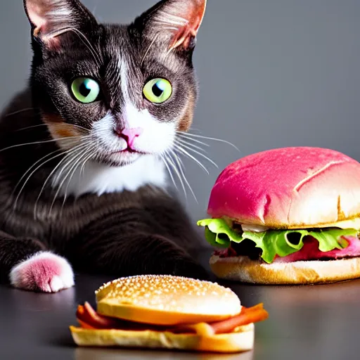 Prompt: photo of a pink cat, biting a hamburger, munching on a hamburger, eating a hamburger, pink cat