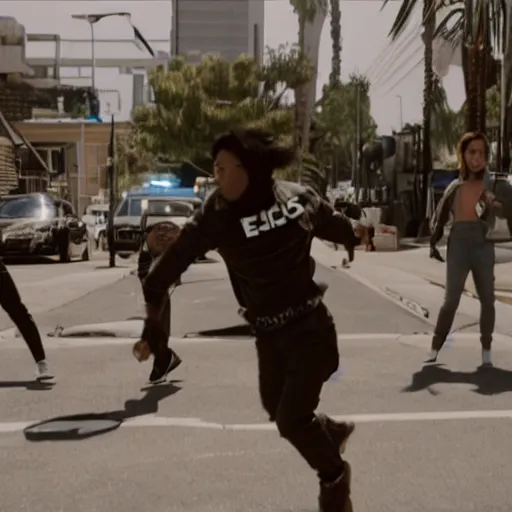 Image similar to film still of 'Los Angeles Future Squad 2050'. Epic action scene. Sigma 85mm f/8