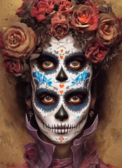 Image similar to digital _ painting _ of _ dia de los muertos _ by _ filipe _ pagliuso _ and _ justin _ gerard _ symmetric _ fantasy _ highly _ detailed _ realistic _ intricate _ port