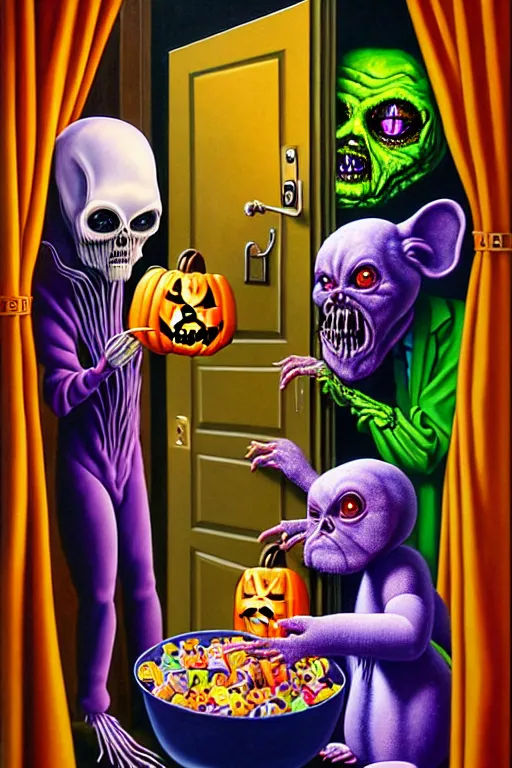 Image similar to a hyperrealistic painting of trick or treaters knocking on door and scary chimeric creature answers with bowl of candy, cinematic horror by jimmy alonzo, the art of skinner, chris cunningham, lisa frank, richard corben, highly detailed, vivid color,