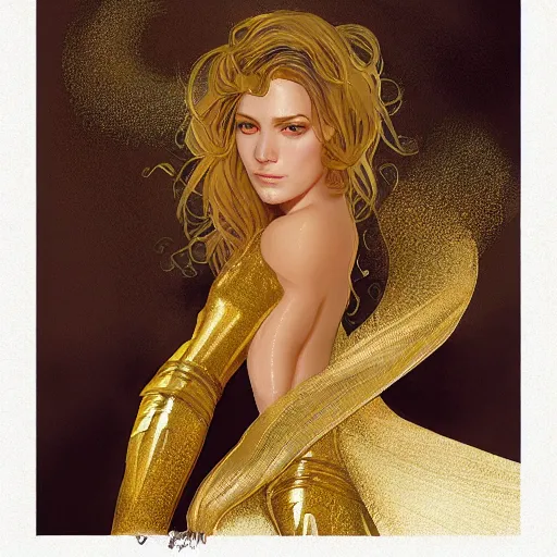 Image similar to Sandman with a gold suit, portrait, intricate, elegant, highly detailed, digital painting, artstation, concept art, smooth, sharp focus, illustration, art by artgerm and greg rutkowski and alphonse mucha