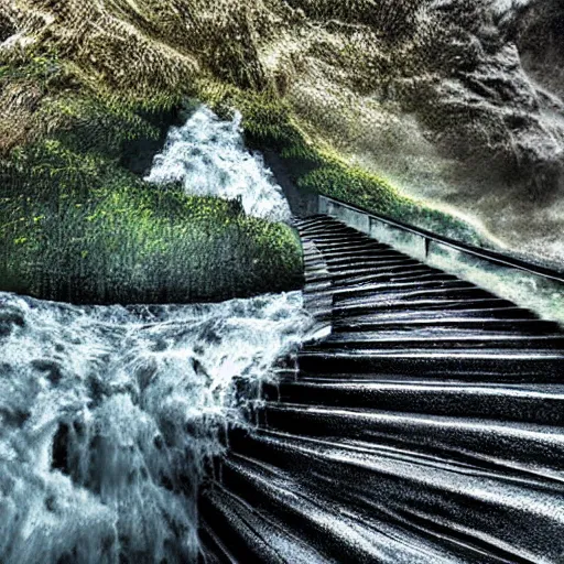 Prompt: a stairway of flowing water, hyperrealistic, 8 k, highly detailed, a real photographic, digital art, realistic