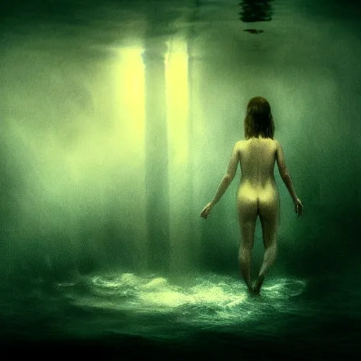 Image similar to sea monster about to eat pov underwater, pale skin, dark yellowish water, foggy water, dark, dramatic,'silent hill ', big eyes, alluring and terrifying, cinematic