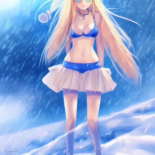 Image similar to full body shot : a very beautiful young blond anime girl in a snowstorm, beanie, sky blue eyes,, bikini, miniskirt, highly detailed, cinematic wallpaper by stanley artgerm lau