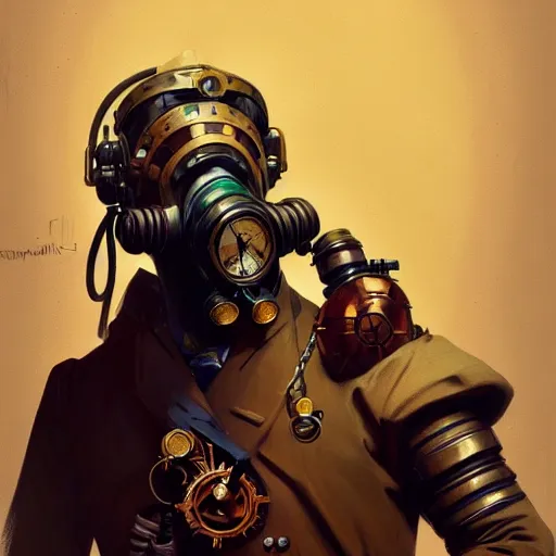 Image similar to portrait of a vicotrian steampunk in suit wearing a gas mask by darek zabrocki and greg ruthkowski, alphonse mucha, simon stalenhag and cinematic and atmospheric, concept art, artstation, trending on artstation