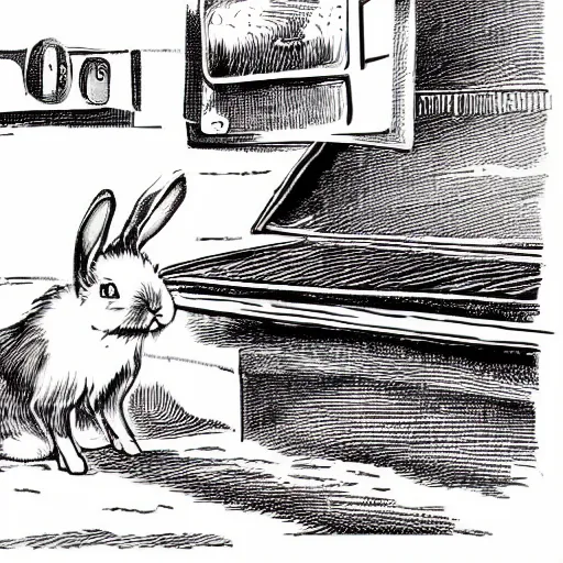 Image similar to cartoon of a pet rabbit sweating scared by the bbq grill