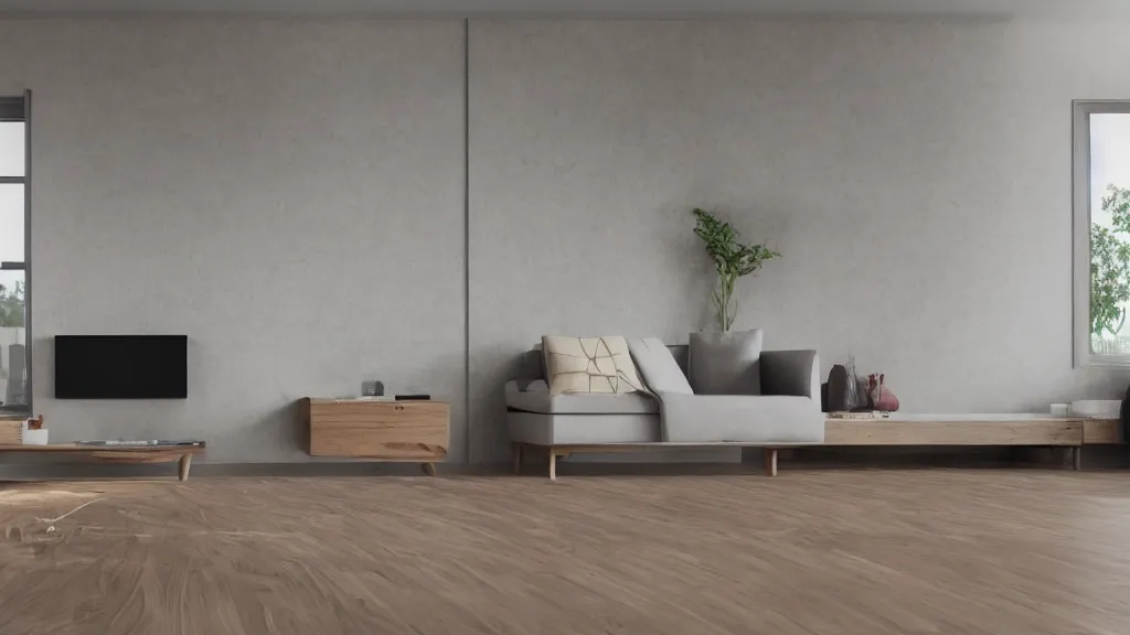 Prompt: living room, wooden floor, concrete wall, contemporary furniture, photorealistic render in octane