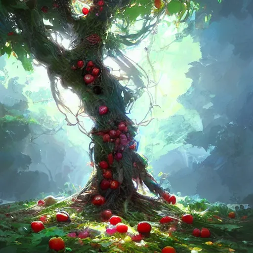 Prompt: tree made of fruits, by wlop, rossdraws, james jean, andrei riabovitchev, marc simonetti, yoshitaka amano, artstation, cgsociety