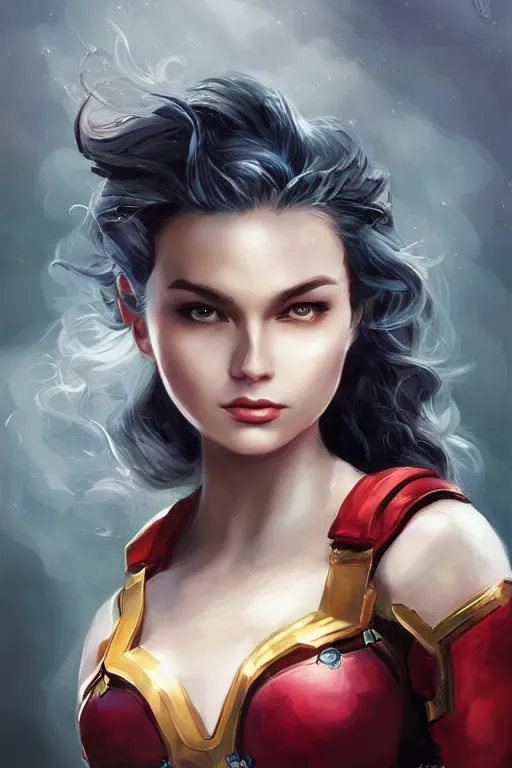 Image similar to three quarters portrait of a beautiful woman,super hero costume,heroic pose,highly detailed, digital painting,illustration, art by Stanley Lau