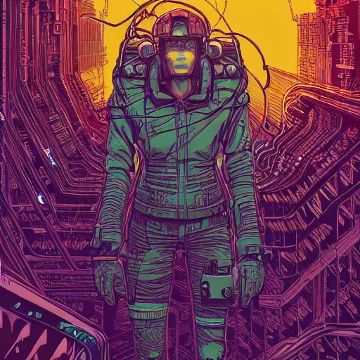 Prompt: Stunningly intricate illustration of single cyberpunk explorer overlooking lush forest, highly detailed, midnight, small glowing orbs by Josan Gonzalez and Dan Mumford , Moebius, Laurie Greasley