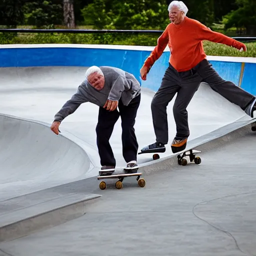 Prompt: senior citizens grinding rails at a skate park