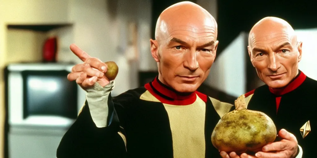 Image similar to a still from a 9 0 s tv show of captain picard from star trek holding a potato