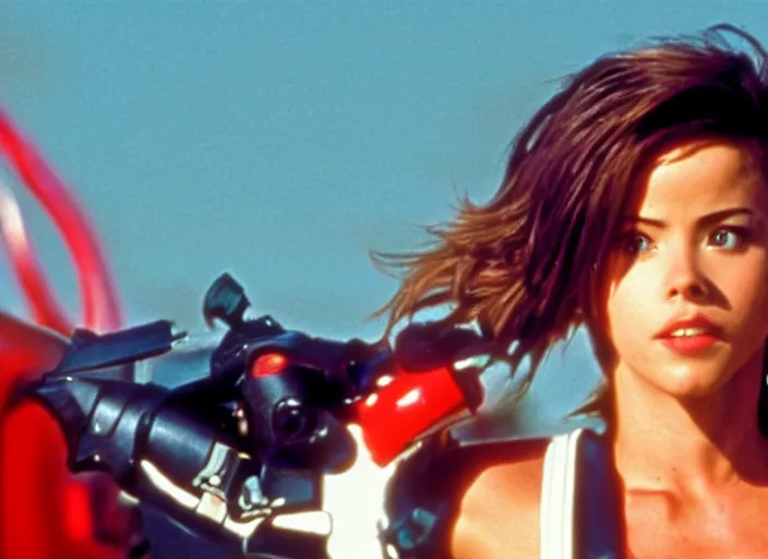 Prompt: a film still of a a woman called tracer from overwatch in baywatch 1 9 8 9