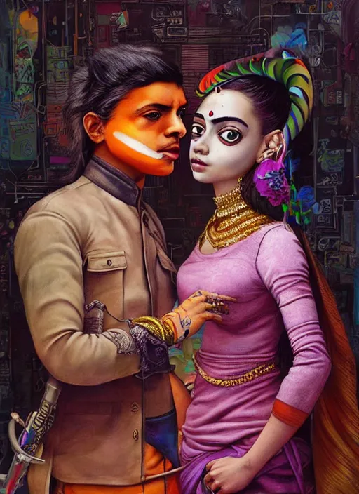 Prompt: beautiful portrait painting of a cute indian lofi cyberpunk princess and her corgi assassin king, by Afarin Sajedi, Alessandro Barbucci, Alex Gross, Shin Jeongho, Shohei Otomo. trending on Artstation, 8k, masterpiece, face enhance, graffiti paint, fine detail, full of color, intricate detail, golden ratio illustration