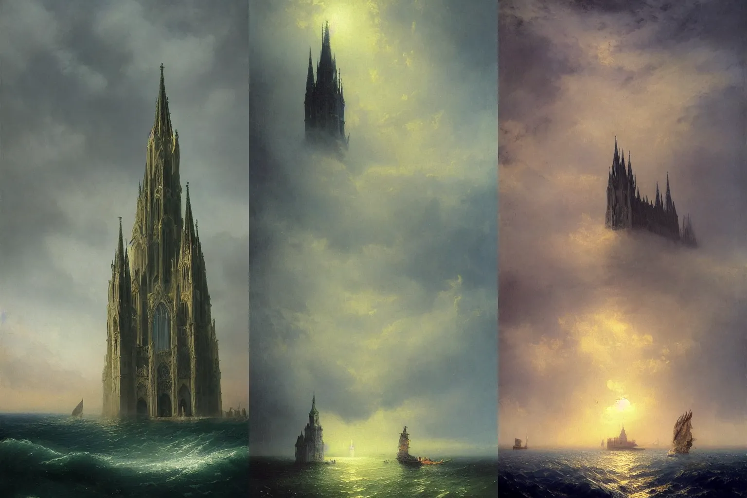 Prompt: detailed painting of the tall gothic cathedral sticking up in the middle of the ocean by ivan aivazovsky, dramatic lighting, demonic undertones, warm light, detailed concept art, hyperrealistic, beautiful architecture, low angle looking up