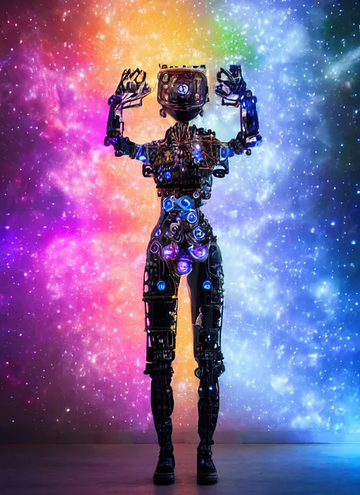 Image similar to intricate cyborg pilot girl with electromechanical robot parts, growing from motherboard wall, connected made of and covered with many colorful wires, featuring beautiful detailed machined crystal eyes glowing with nebula, background glowing game server powered by galaxies. backlit luminous shiny metallic