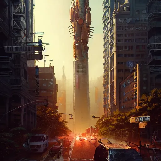 Image similar to detailed intricate digital illustration by greg rutkowski and artgerm and wlop and sanford robinson gifford ; terrifying monster robot looms over city intersection ; 1 3 mm film, arri alfa anamorphic lens ; sharp focus ; golden hour, trending on artstation 8 k