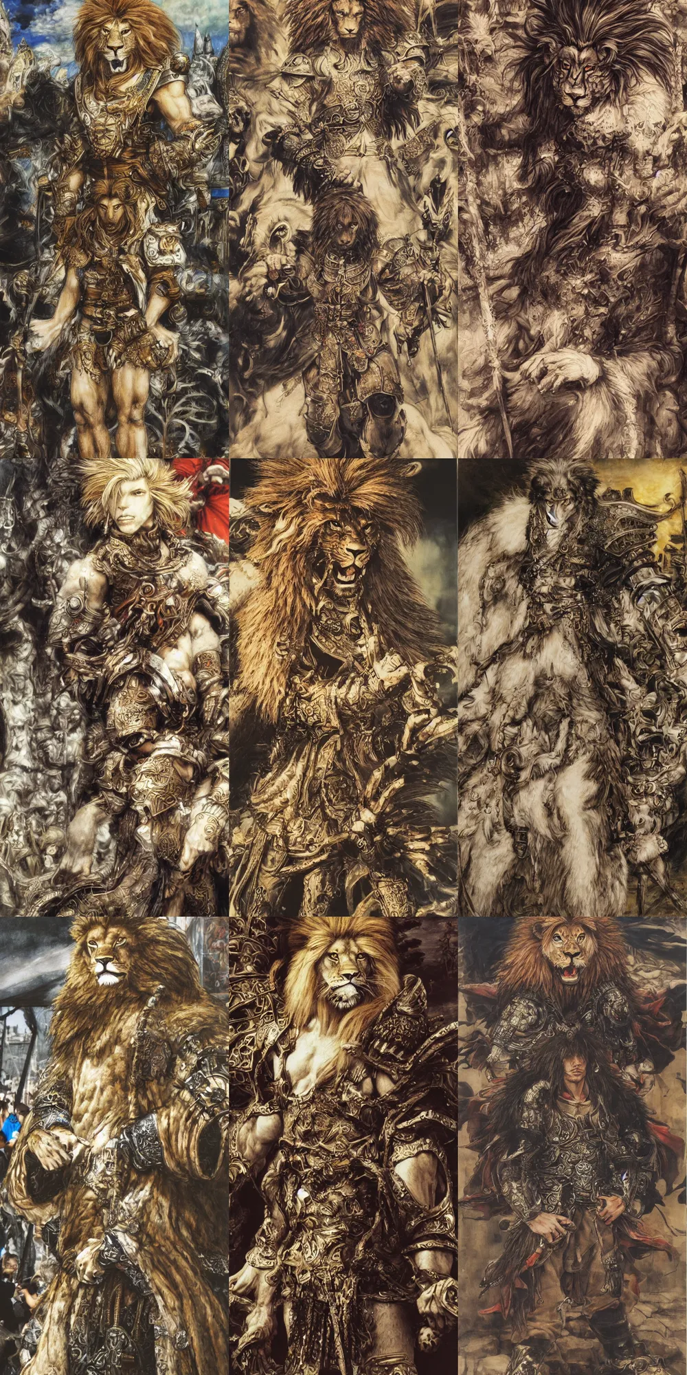 Image similar to 8 k yoshitaka amano painting of upper body of a young cool looking lion beastman with white mane at a medieval market at windy day. depth of field. he is wearing complex fantasy clothing. he has huge paws. renaissance style lighting.