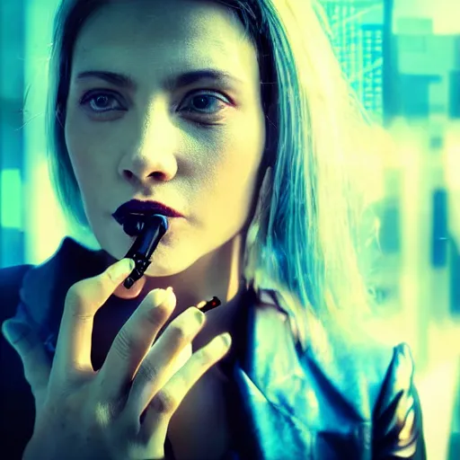 Image similar to cyberpunk woman in a city smoking a cigarette