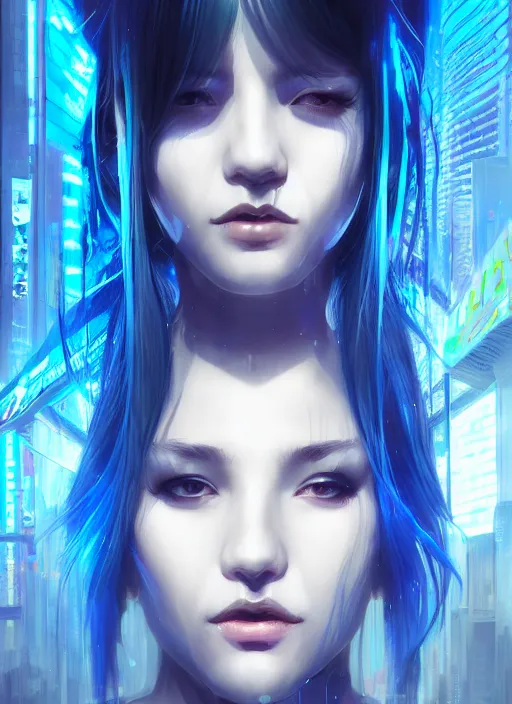 Image similar to portrait grey blue hair of futuristic police girl, black color uniform, at cyberpunk reflected tokyo night, ssci - fi and neon light, fantasy, intricate and beautiful, highly detailed, digital painting, artstation, concept art, smooth and sharp focus, illustration, art by tian zi and wlop and alphonse mucha