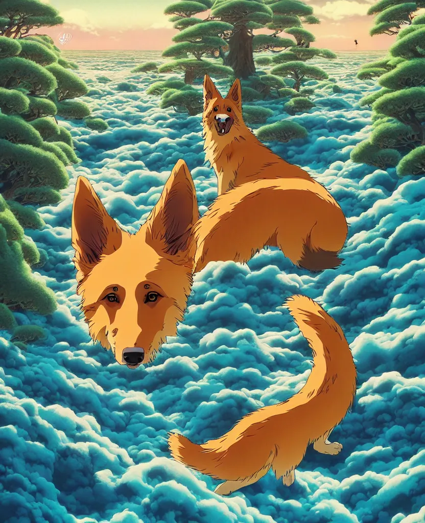 Image similar to beautiful painting from the anime film by studio ghibli, German Shepherd, golden hour, 8k octane 3D render, redwood forest and mystical ocean, fur, japanese popsurrealism by murakami illustration by MC Escher