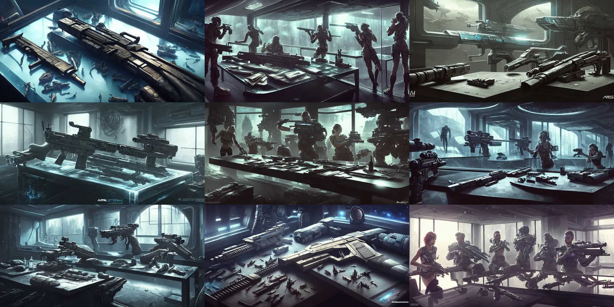 Prompt: ultra realistic, concept art, assortment of futuristic guns on a glass table in a locker room, sci - fi, intricate details, eerie, highly detailed, octane render, unreal, art by artgerm, straight lines, sharp